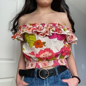 Anthropologie Love the Label Imogene Floral Smocked Off-The-Shoulder Blouse